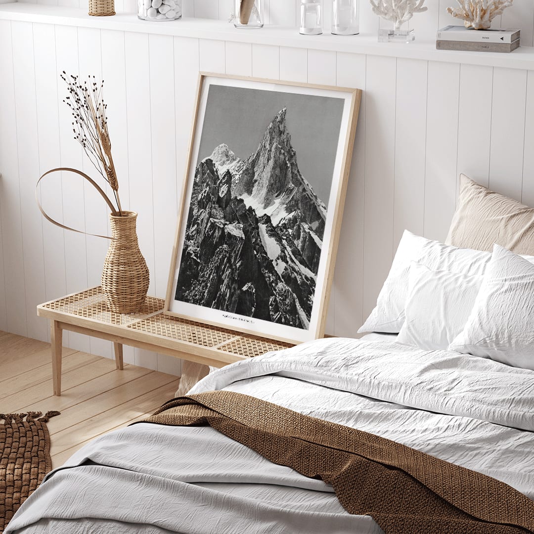 Jagged mountain peak with snow and glaciers by Vittorio Sell Aiguille calcaire Baltoro and Godwin Austen poster photography, framed and displayed in home decor