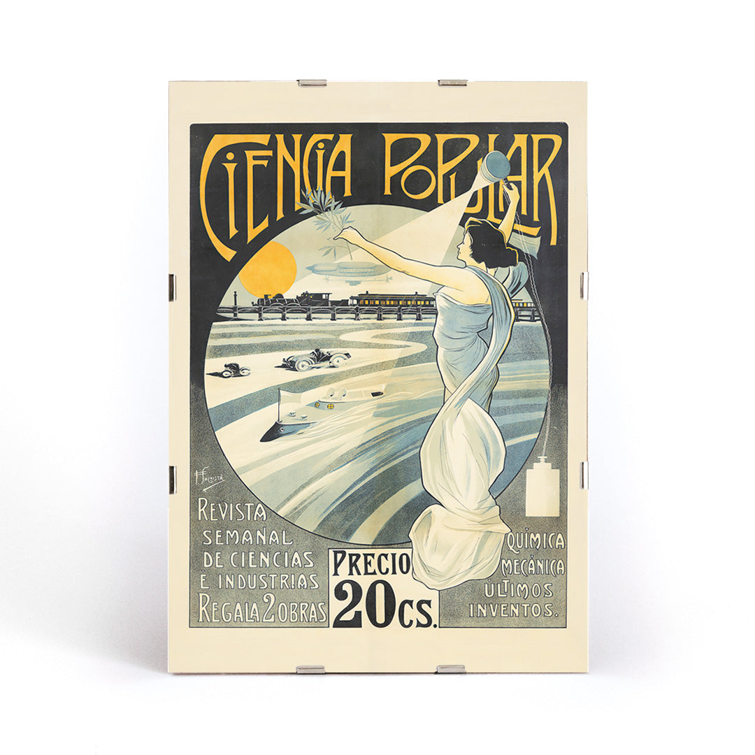 Art Nouveau poster of a woman in a white dress holding a torch and laurel branch with science themes Ciencia Popular by F Sagrista, framed and displayed in modern living room decor