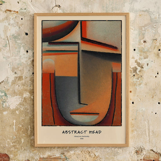 Abstract painting Mystical Head Meditation by Alexej von Jawlensky featuring a colorful stylized abstract face with closed eyes and serene expression, framed and displayed in home decor