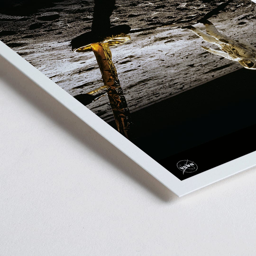 Closeup detail of Astronaut on the lunar surface with text Earths Moon Man on Moon 2 by NASA poster