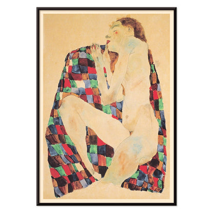 Female Nude on Checkered Cloth by Egon Schiele showing a nude woman sitting on a colorful patterned fabric poster, with black aluminium frame on white background