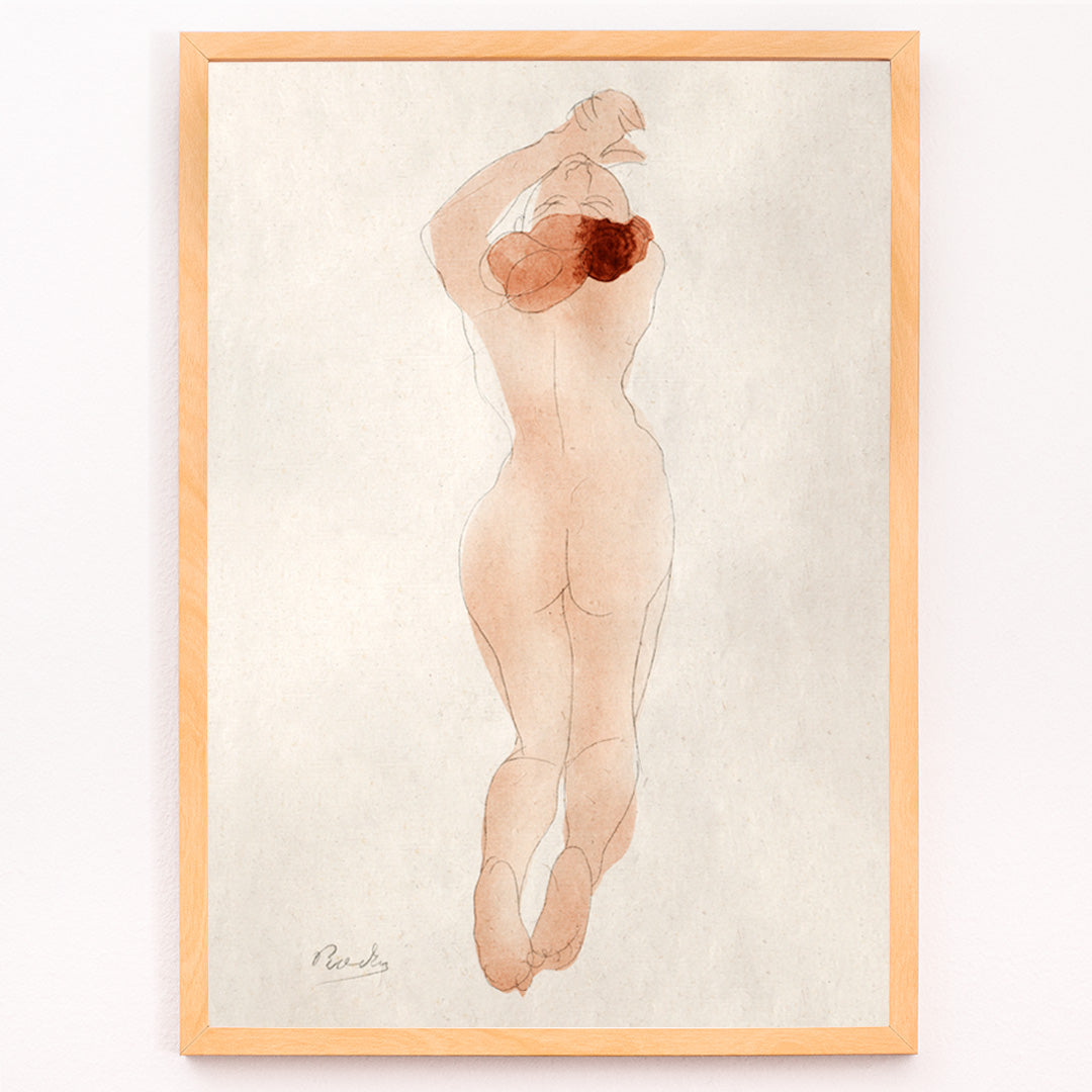 Closeup detail of Watercolor sketch and poster of nude woman with red hair arms raised titled Caresse moi donc cheri by Auguste Rodin