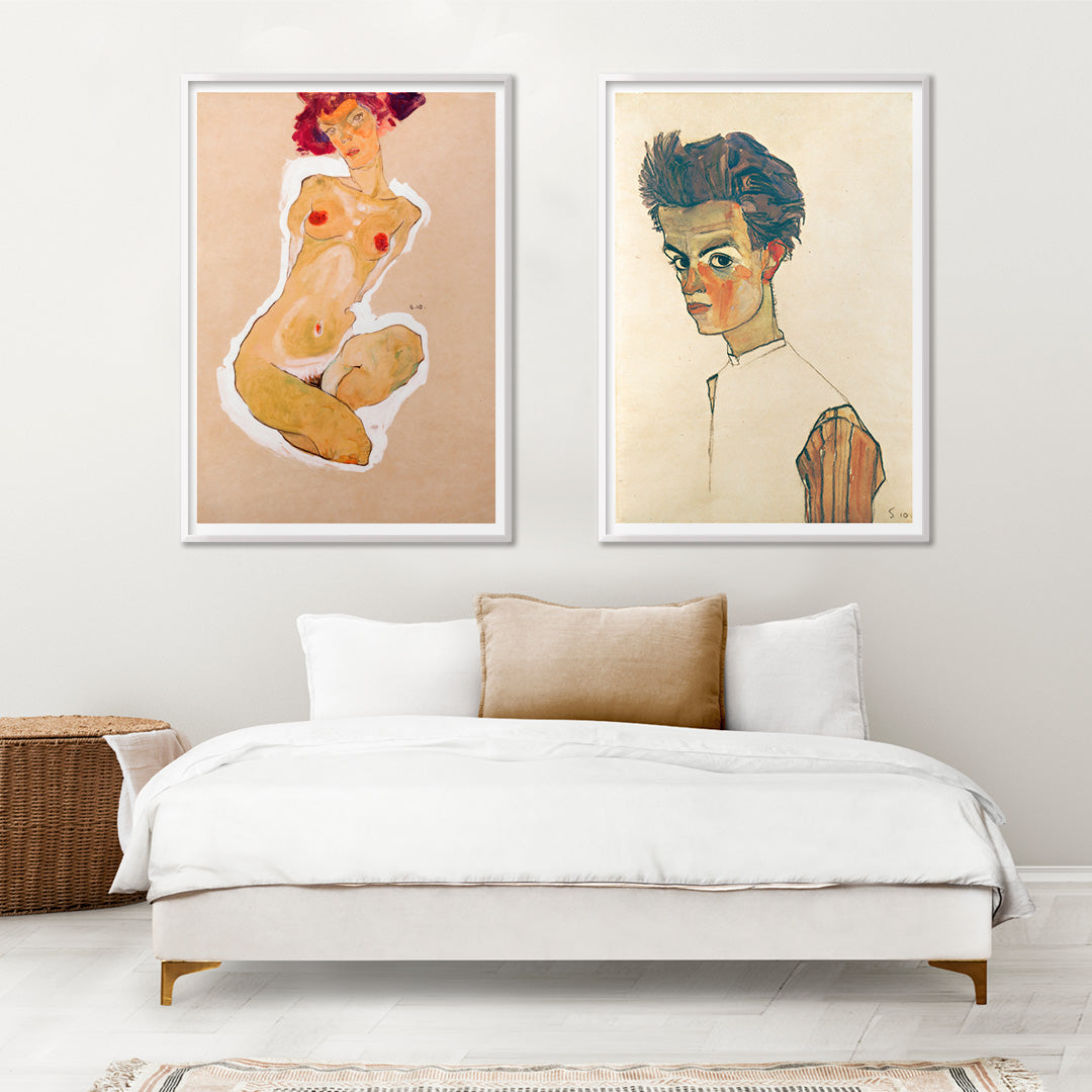 Colorful expressionist painting poster of a nude woman squatting titled Squatting Female Nude by Egon Schiele, framed and displayed in home decor