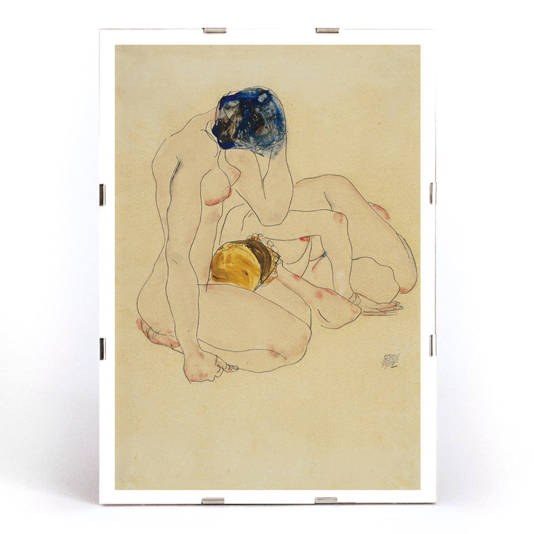 Two Friends by Egon Schiele poster featuring two nude figures in an intimate seated pose with expressive linework artwork, framed and displayed in modern living room decor