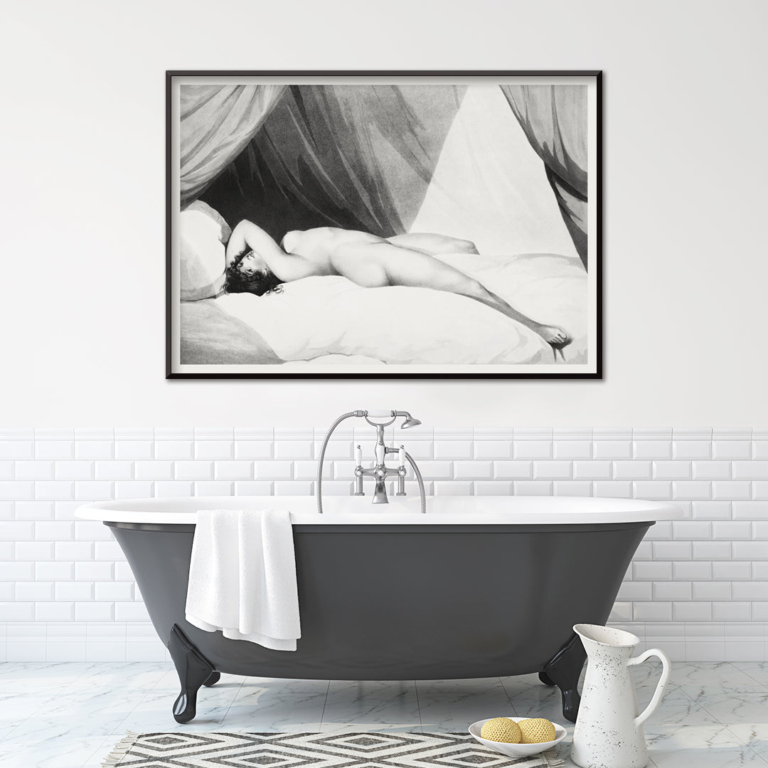 Nude woman reclining on curtained bed in artwork and poster Nude Reclining on Curtained Bed by William Holland with draped curtains in background, framed and displayed in home decor