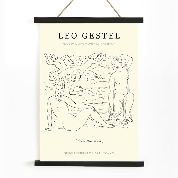 Poster of Nude Women Swimming on the Beach by Leo Gestel in Post Impressionist Style at Seibu Museum of Art Tokyo, with wooden magnetic frame on white background