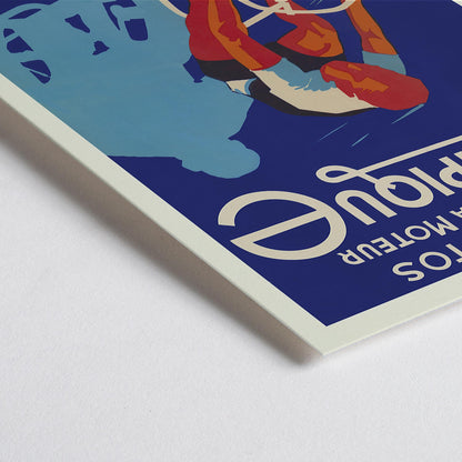 Closeup detail of Affiches Gaillard Cycles olympique poster featuring a racing cyclist, bold lettering, blue background, and Olympic rings in vintage style