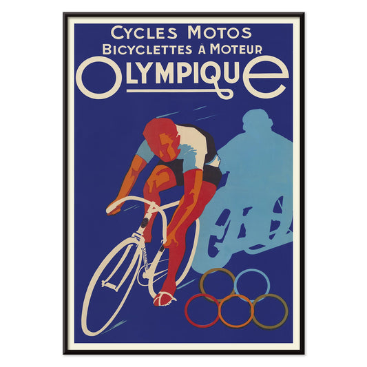 Affiches Gaillard Cycles olympique poster featuring a racing cyclist, bold lettering, blue background, and Olympic rings in vintage style, with black aluminium frame on white background