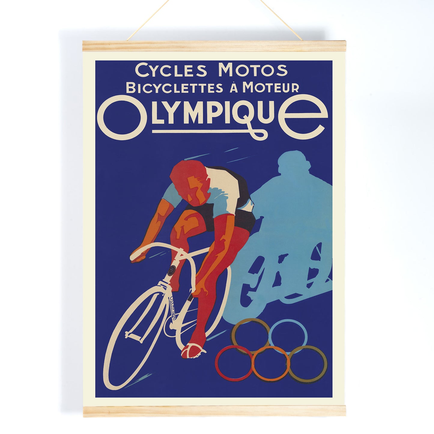 Affiches Gaillard Cycles olympique poster featuring a racing cyclist, bold lettering, blue background, and Olympic rings in vintage style, with wooden magnetic frame on white background