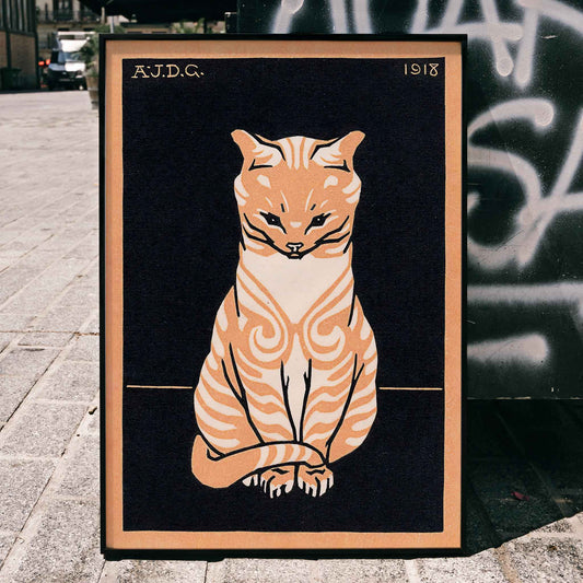 Julie de Graag Orange Seated Cat poster with striped tabby, pale chest and curled tail on black background, framed and displayed in home decor