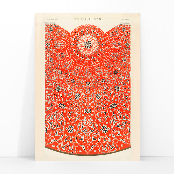 Intricate red and white Turkish ornamental pattern artwork poster by Owen Jones titled Grammar of Ornament featuring detailed geometric designs, framed and displayed in modern living room decor