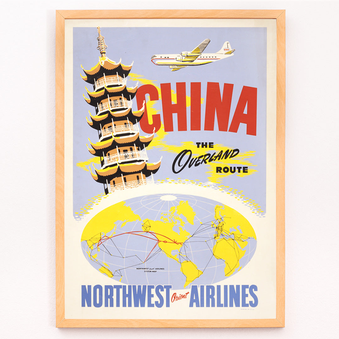 Closeup detail of Vintage travel poster of China featuring a pagoda airplane and world map promoting the overland route by Northwest Orient Airlines