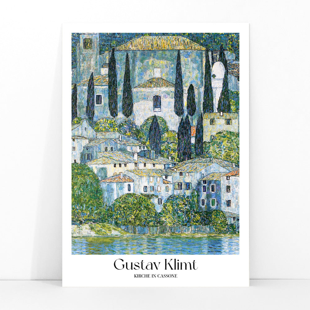 Kirche in Cassone by Gustav Klimt colorful village and church landscape painting poster with trees and buildings reflected in water, framed and displayed in modern living room decor