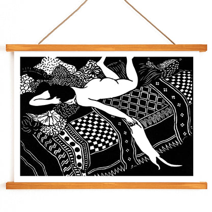 La Paresse by Felix Emile-Jean Vallotton painting of a woman reclining on a patterned bed with a cat stretching beside her art poster, with wooden magnetic frame on white background