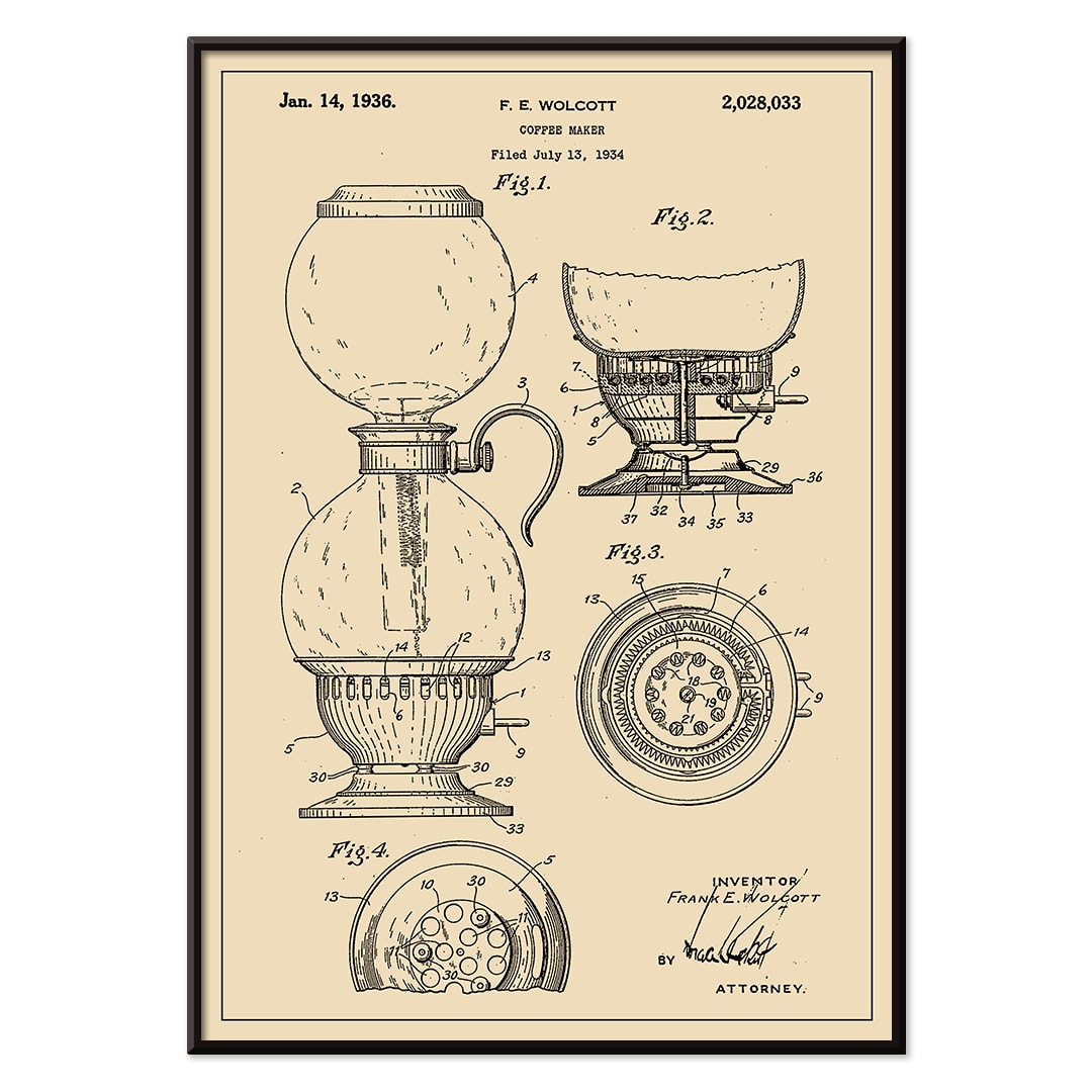 Vintage patent drawing and blueprint poster of Coffee Maker by F E Wolcott featuring detailed diagrams, with black aluminium frame on white background