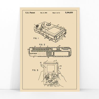 Gameboy Patent technical drawing and poster artwork by Nintendo ideal for gaming decor and collectors, framed and displayed in modern living room decor