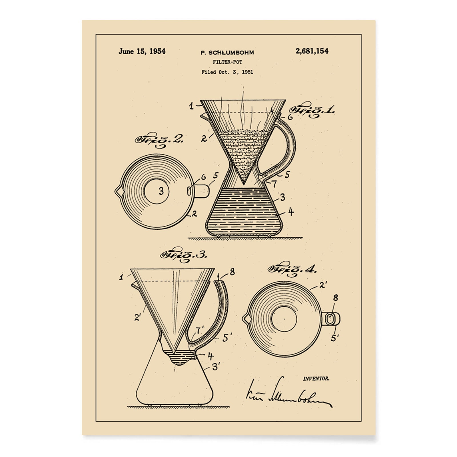 Vintage technical drawing and poster of coffee filter pot patent by P Schlumbohm with schematic and design details, with black aluminium frame on white background