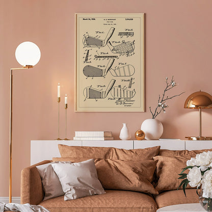 Golf club patent illustration by GE Barnhart showing detailed diagrams and labeled parts, framed and displayed in home decor