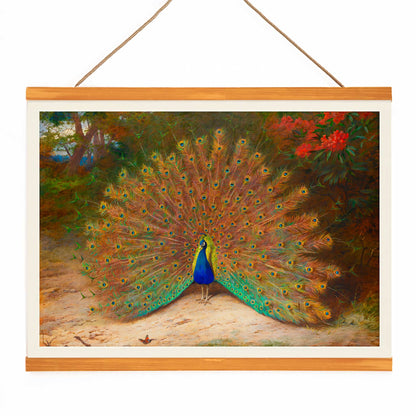 Colorful peacock with open feathers and butterfly in garden art poster vibrant tail feathers natural setting artwork Peacock And Peacock Butterfly by Archibald Thorburn, with wooden magnetic frame on white background