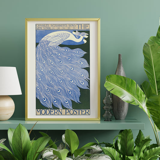 Elegant blue and white peacock with flowing feathers illustration from The Modern Poster by Will Bradley, framed and displayed in home decor