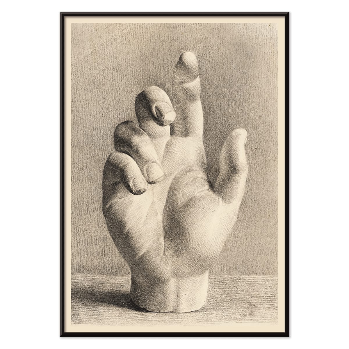 Poster of a detailed pencil drawing of a sculpted raised hand by Dankvart Dreyer titled A Hand Drawn After Plaster, with black aluminium frame on white background