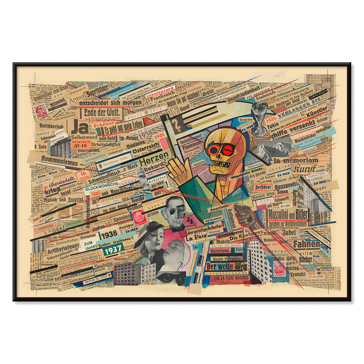 Political collage with newspaper clippings geometric figure and skull by Karl Wiener titled Political collage poster, with black aluminium frame on white background