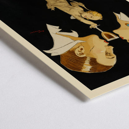 Closeup detail of Porto Ramos-Pinto poster by Rene Vincent with two people about to kiss and a cherub holding a wine glass