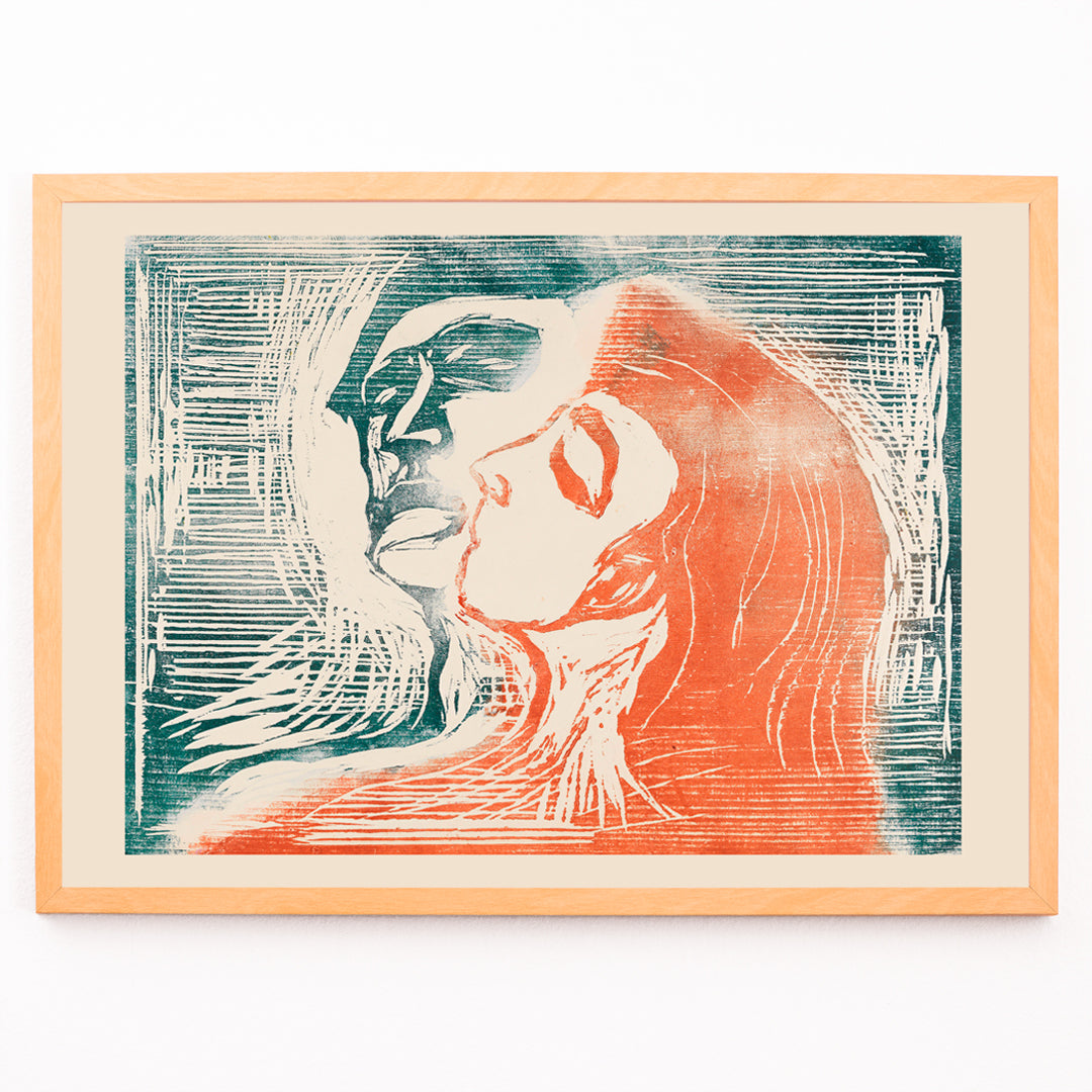 Closeup detail of Head by Head by Edvard Munch poster showing man and woman kissing with expressive faces and abstract lines artwork