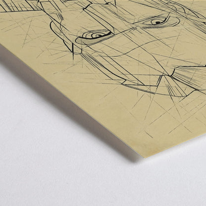 Closeup detail of Line drawing and poster of a mans face by Karl Wiener titled Porträt featuring geometric angular portrait details