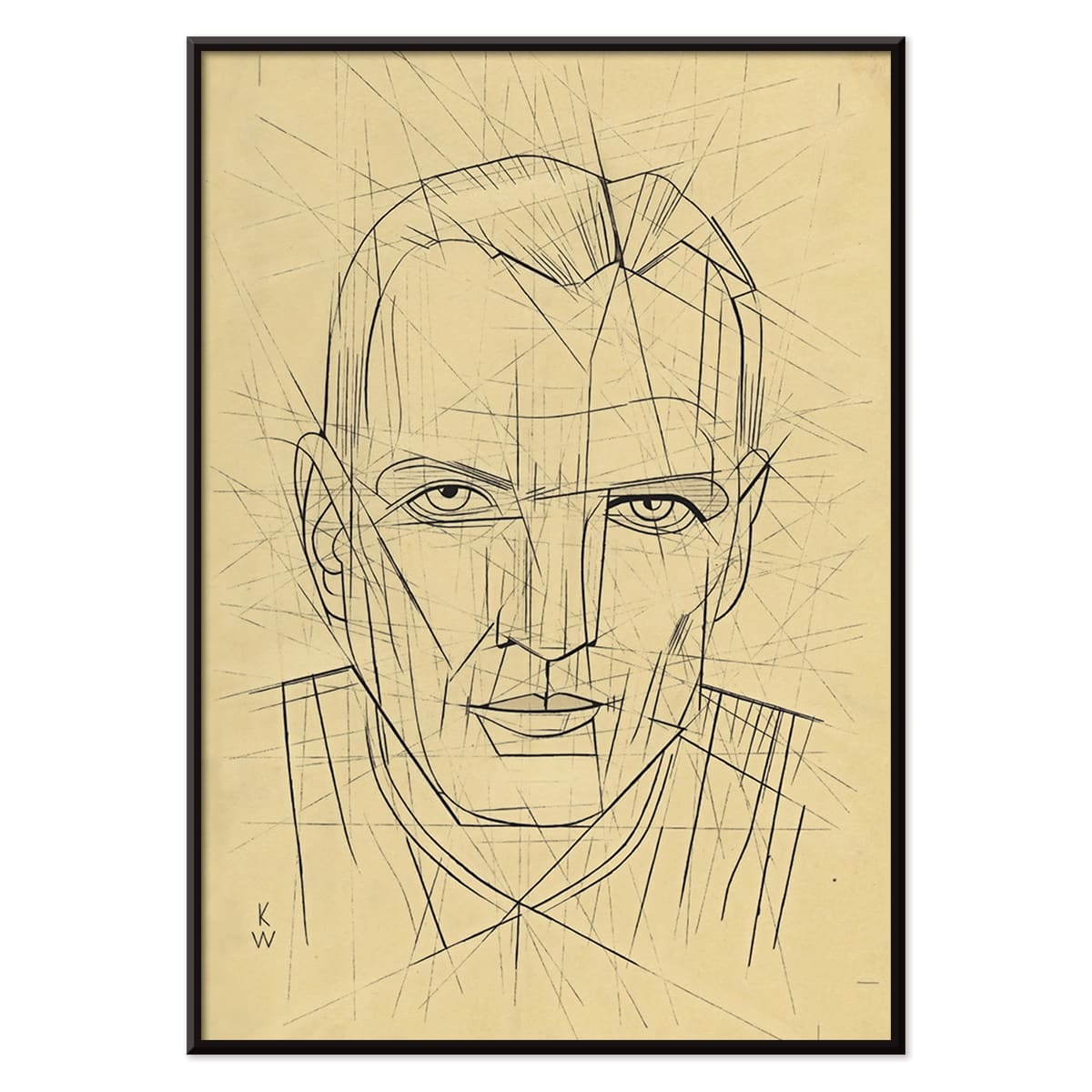 Line drawing and poster of a mans face by Karl Wiener titled Porträt featuring geometric angular portrait details, with black aluminium frame on white background