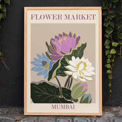 Colorful floral artwork poster Flower Market Mumbai by Moryarty featuring lotus blossoms and colorful flowers with green leaves on beige background, framed and displayed in home decor