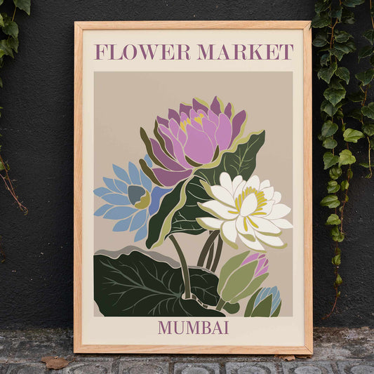 Colorful floral artwork poster Flower Market Mumbai by Moryarty featuring lotus blossoms and colorful flowers with green leaves on beige background, framed and displayed in home decor