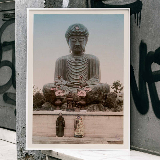 Large Buddha statue by Kinbei Kusakabe with two people in front surrounded by flowers serene scene poster, framed and displayed in home decor