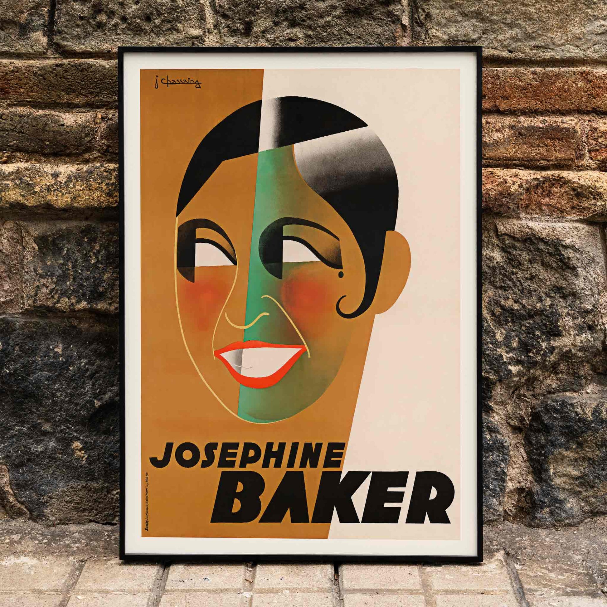 Art Deco poster of Josephine Baker by J Chassaing featuring bold geometric shapes and modern colorful style, framed and displayed in modern living room decor