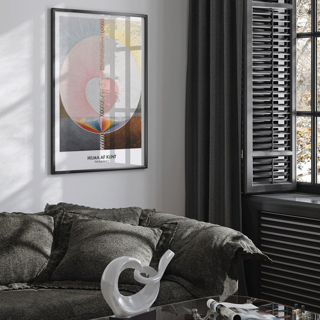 Abstract geometric spiritual art poster with pastel colors and shapes from The Dove by Hilma af Klint modern wall decor, framed and displayed in modern living room decor