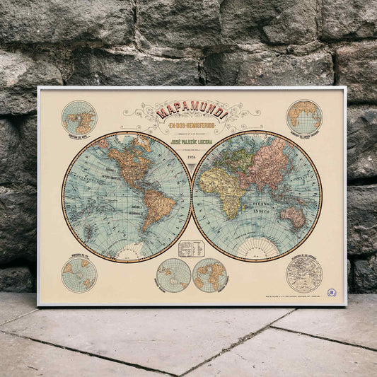 Vintage world map Mapamundi by Paluzie Lucena Josep showing two hemispheres with detailed geography and geographic features poster, framed and displayed in home decor