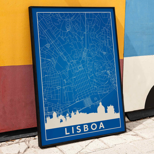 Minimalist Lisbon Map artwork in blue and white showing city map skyline and landmarks silhouette poster, framed and displayed in home decor