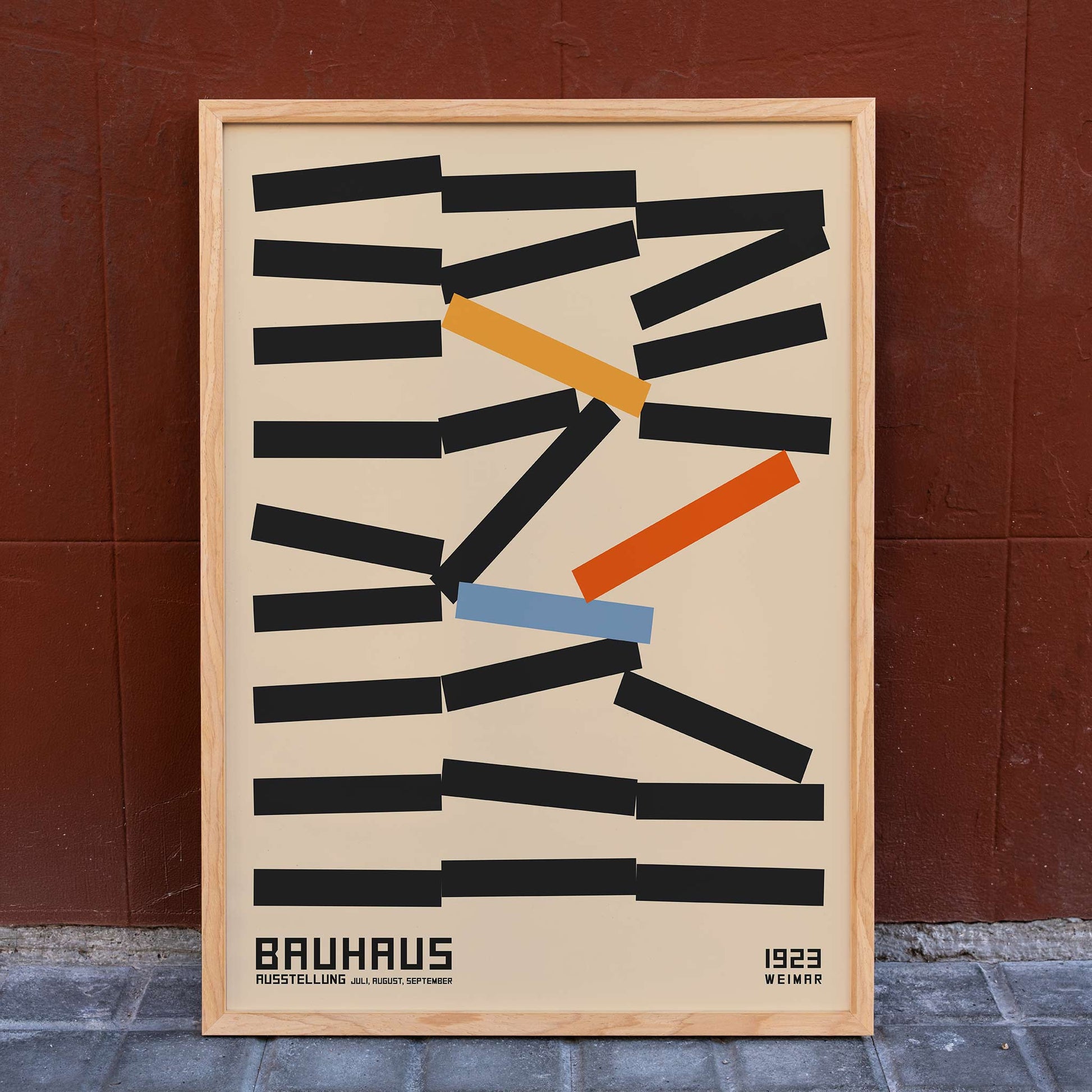 Bauhaus Poster 5 by Kandinsky with abstract geometric design in black orange and blue inspired by Weimar Exhibition on beige background, framed and displayed in home decor