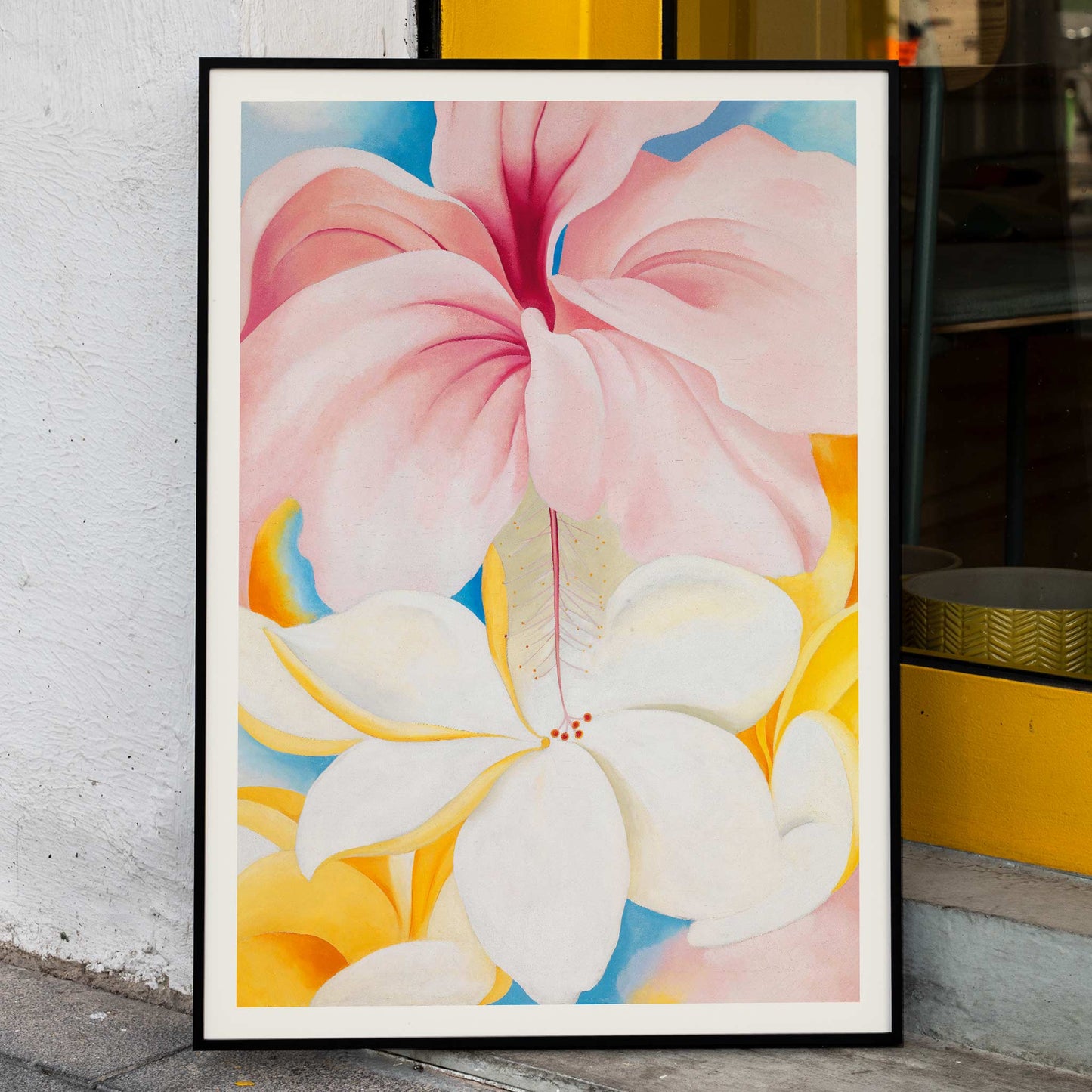 Hibiscus with Plumeria by Georgia O Keeffe vibrant pink and white flowers in a colorful composition poster, framed and displayed in home decor