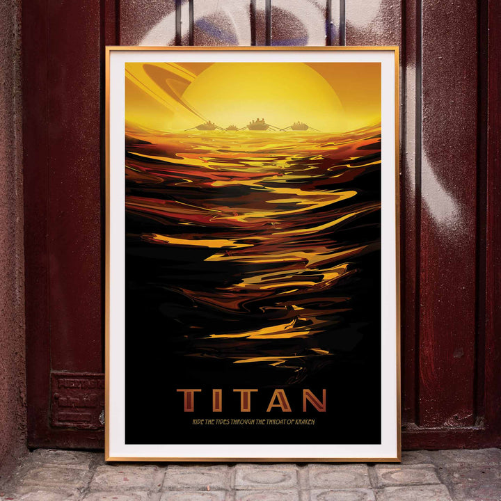 Futuristic boats on golden waves with Saturn in the background at sunset inspired by Titan Ride the tides through the throat of Kraken by NASA, framed and displayed in home decor