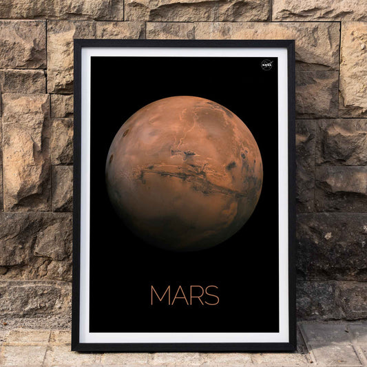 Mars by NASA framed poster featuring a detailed photo of the red planet with the title Mars at the bottom on a black background, framed and displayed in home decor