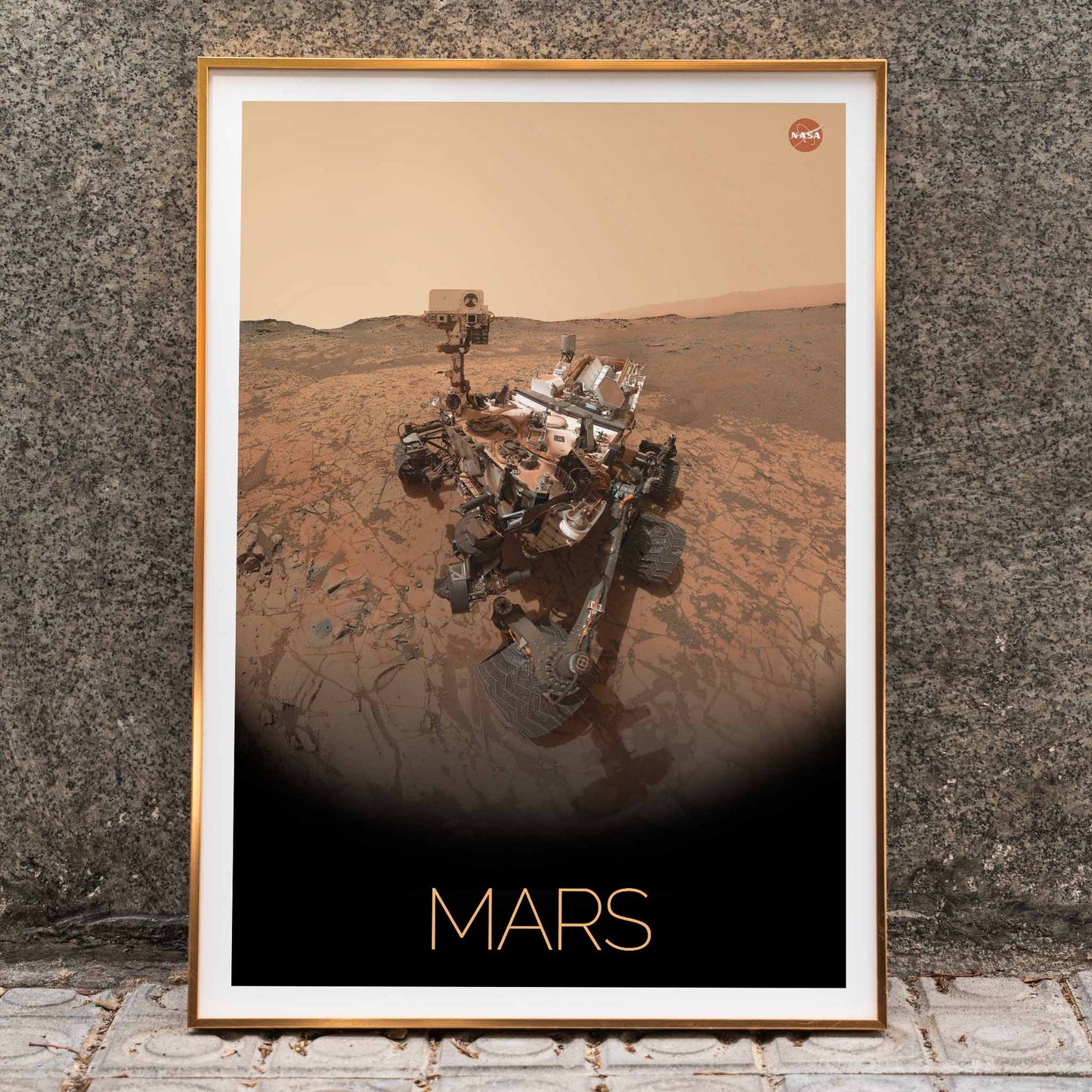 Mars exploration rover by NASA on the Martian surface in the Rover on Mars poster with NASA logo in top right corner, framed and displayed in home decor