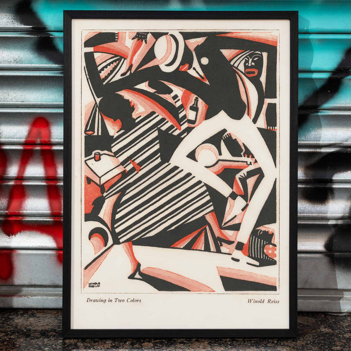 Dynamic abstract Art Deco illustration by Winold Reiss featuring dance movement and dynamic black and red figures from Drawing in Two Colors, framed and displayed in home decor