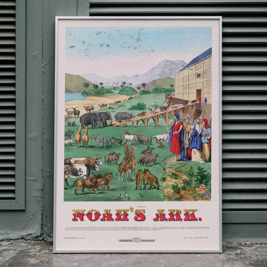 Noahs Ark illustration and poster by H C Tunison showing animals boarding a large wooden ark with mountains and palm trees in the background, framed and displayed in home decor