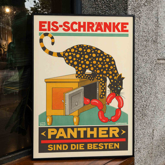 Panther Sind die Besten Swiss poster with panther eating sausages from icebox lithograph by Lith Wolf, framed and displayed in home decor