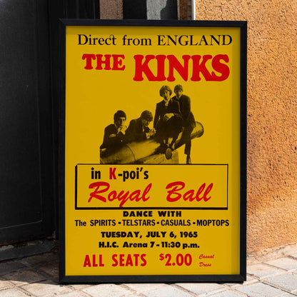 Poster and concert performance by the Kinks at Hawaii Honolulu International Center Arena featuring various bands and ticket details, framed and displayed in home decor