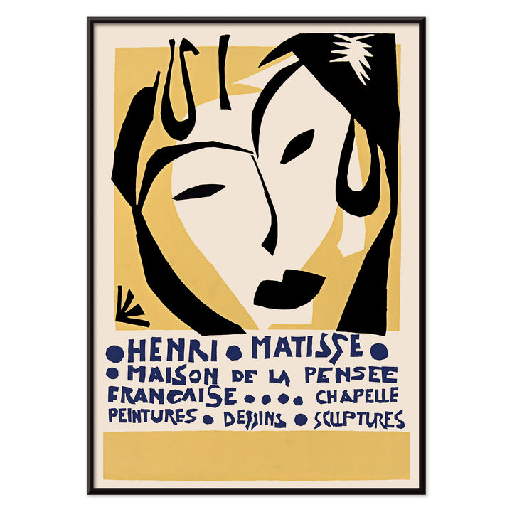 Henri Matisse Maison de la Pensee francaise poster with bold black abstract face shapes on warm yellow and cream minimalist design, with black aluminium frame on white background
