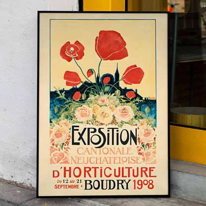Colorful floral poster with vibrant flowers and bold text for Exposition Cantonale Neuchateloise dhorticulture de Boudry by Edmond Boitel, framed and displayed in home decor