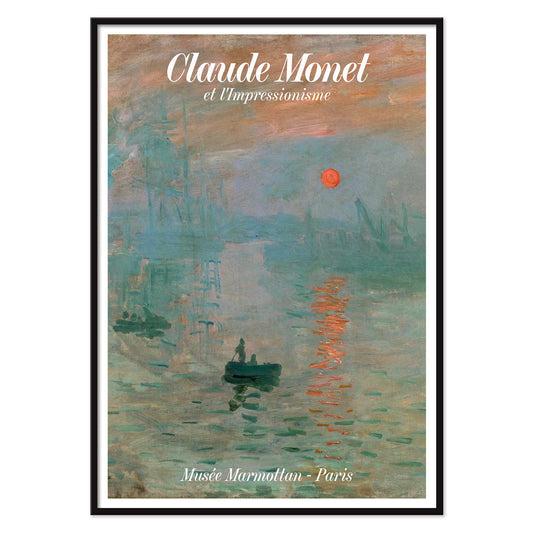 Claude Monet Soleil Levan exhibition poster vibrant impressionist artwork with red sun over water, with black aluminium frame on white background