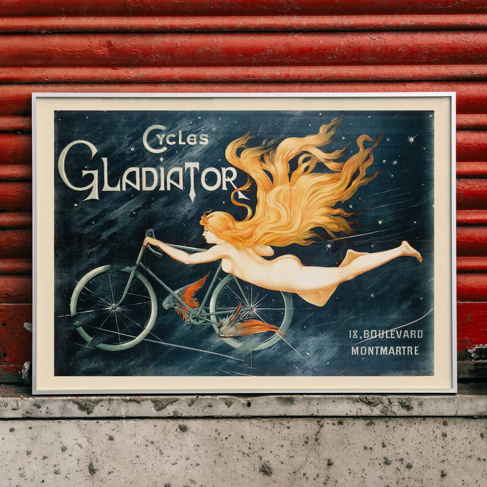 Vintage poster of a nude woman with flowing hair flying beside a bicycle in a starry space Cycles Gladiator by C B, framed and displayed in home decor